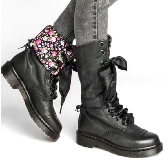 Dr. Martens Shoes - Dr. Martens Triumph Black Leather Floral Fold Over Combat Boots